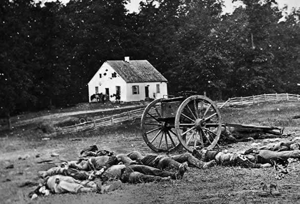 Dead soldiers in front of the Dunker Church at Antietam
