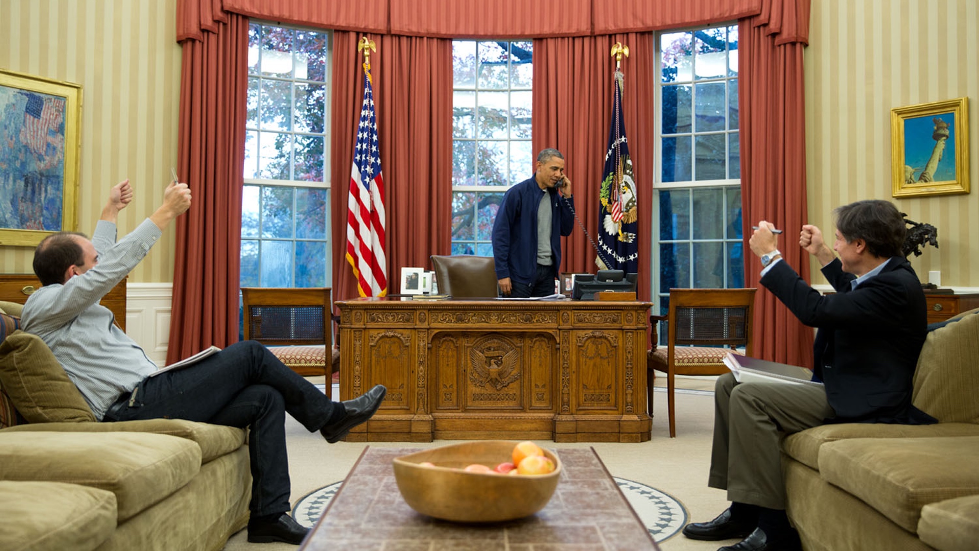 The President Barack Obama with Ben Rhodes and Tony Blinken